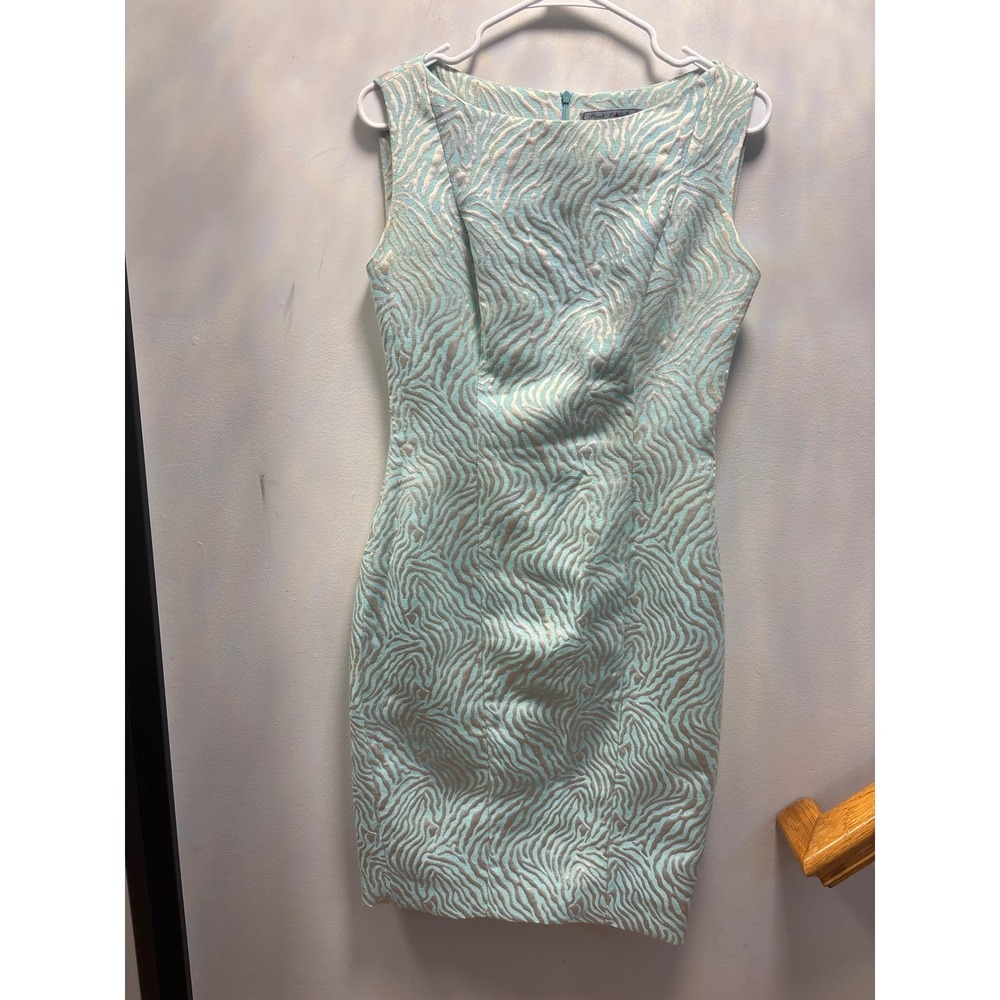 Fleur Isabelle Jacquard Sheath Dress Women Teal Silver Metallic Zebra Excellent